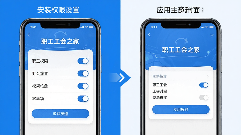 主体为手机应用操作界面截图风格,布局采用分步展示,左侧为安装权限设置页面,右侧为应用主界面,排版对比清晰,风格为科技蓝配色,细节包括