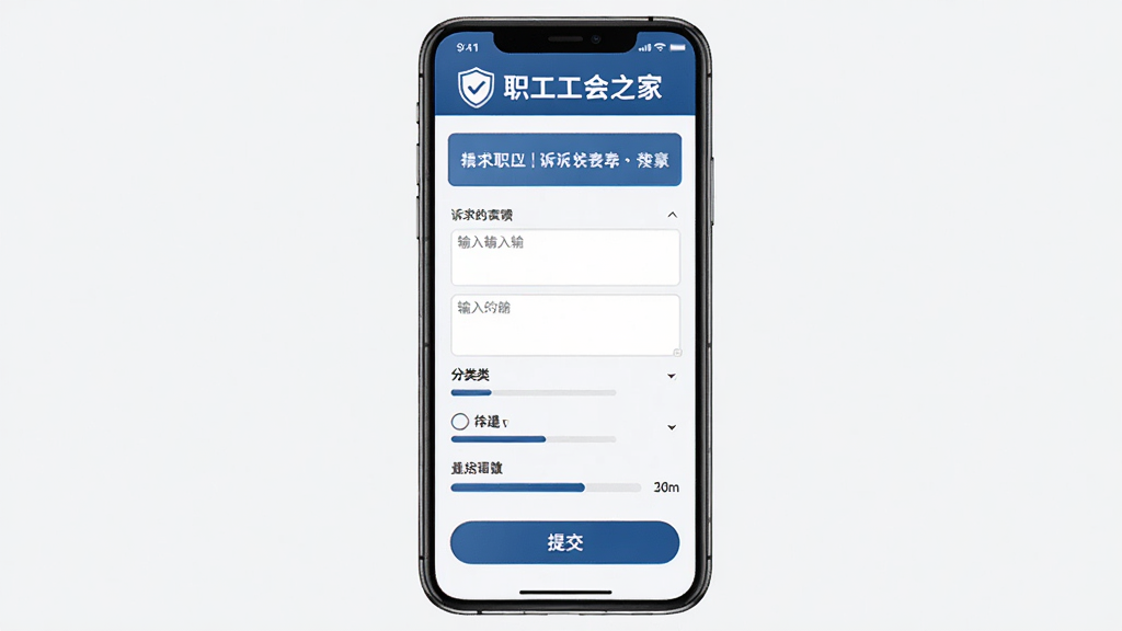 主体为手机界面展示诉求反馈表单,布局采用竖向排列,上方为标题栏,中部为文本输入框与分类选项,下方为提交按钮,排版规整,风格为稳重蓝色调,细节包括