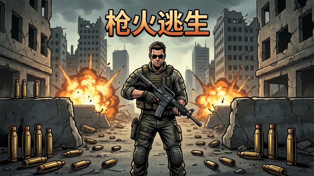 枪火逃生游戏主界面预览图,主体是一位手持枪械的战士站在废墟城市中央,布局为中央人物加四周散落弹药与掩体,排版为竖版手游截图风格,风格为写实美式漫画质感,细节包括远处爆炸火光、破碎建筑、地面弹壳,画面中打文字“枪火逃生”,画质高清,干净,无多余元素