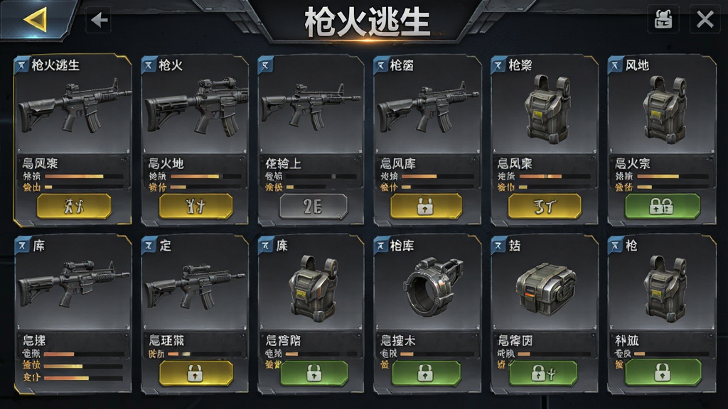 枪火逃生武器库界面预览图,主体是一排展示中的枪械与配件,布局为网格状陈列,排版为手游装备界面风格,风格为金属质感科技风,细节包括枪械名称标签、属性条、解锁按钮,画面中打文字“枪火逃生”,画质高清,干净,无多余元素