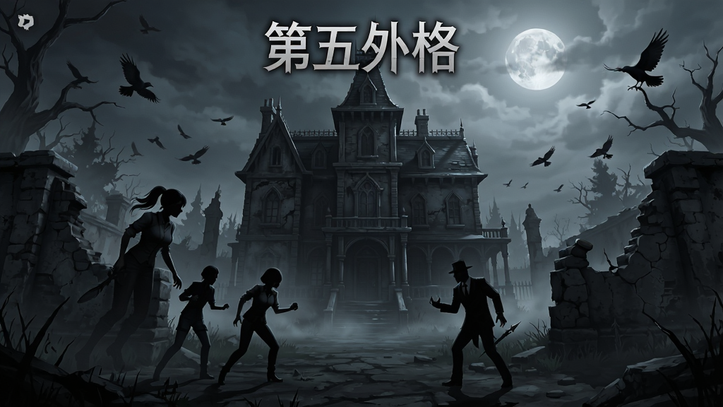 第五人格游戏主界面全景展示,画面中央为哥特式庄园建筑,前景为求生者与监管者对峙的剪影,布局采用左右对称构图,排版上游戏名称“第五人格”位于画面上方居中位置,风格为暗黑哥特插画风,细节包含破旧围墙、乌鸦、迷雾与月光,画质高清,干净,无多余元素