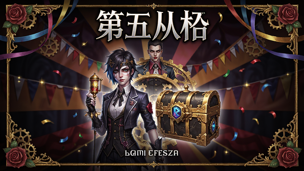 第五人格赛季更新活动宣传图,画面中央为全新角色皮肤与赛季精华宝箱,布局采用居中放射状构图,排版上“第五人格”文字位于顶部,风格为华丽哥特庆典风,细节包含彩带、齿轮、玫瑰与金色边框,画质高清,干净,无多余元素