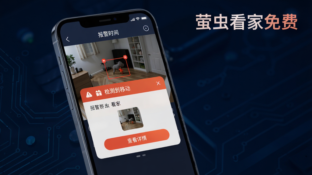 萤虫看家免费移动侦测报警功能展示图,画面中一部手机显示监控画面,画面中有红色方框标注移动物体,手机屏幕弹出报警通知卡片,通知内容显示