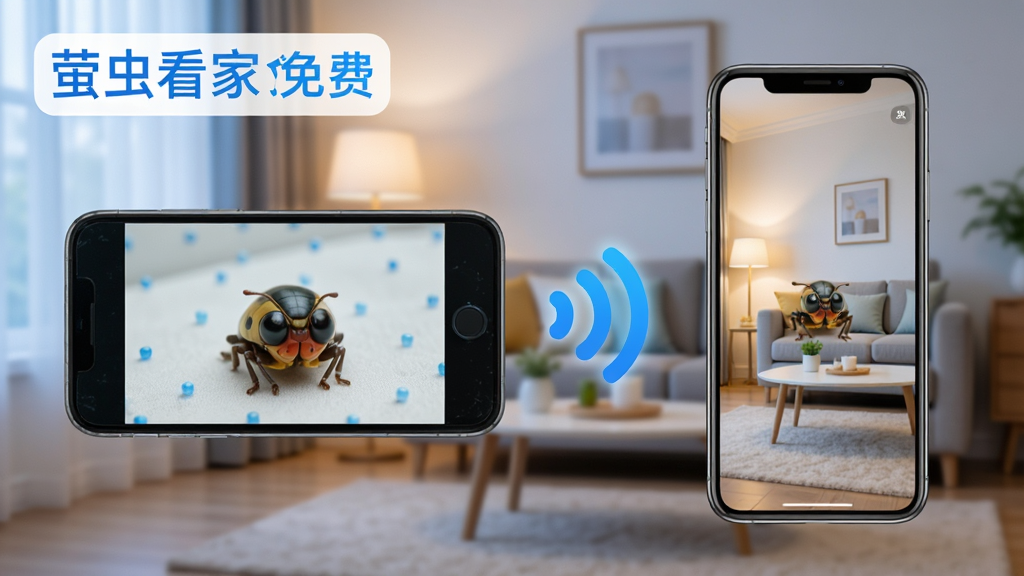 萤虫看家免费软件功能展示图,画面左侧是一部旧手机横屏放置作为监控端,右侧是一部新手机竖屏显示监控画面,中间用无线信号图标连接,背景是温馨的家庭客厅场景,整体风格简洁科技感,配色以蓝白为主,画面中包含
