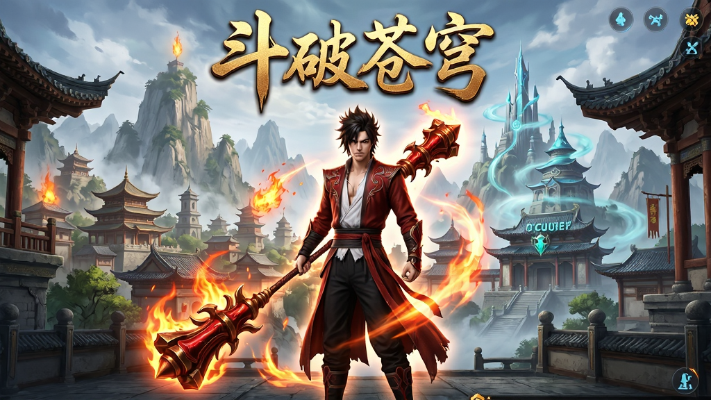 主体为斗破苍穹游戏主界面全景,布局中央是萧炎手持玄重尺的站立姿态,背景为乌坦城与云岚宗交错的玄幻山脉,排版上方用金色大字写