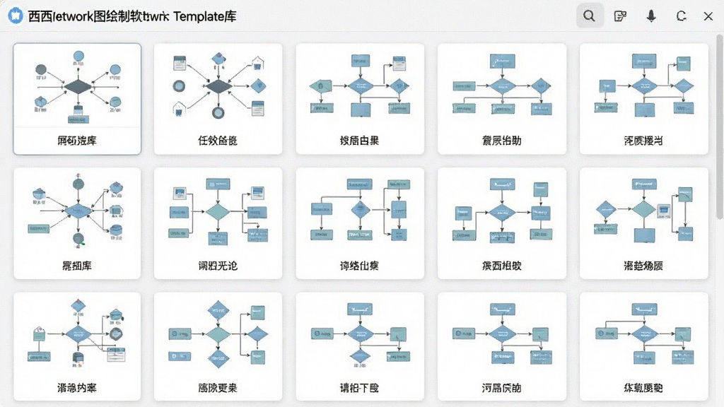 一张展示西西网络图绘制软件模板库界面的截图,画面中以缩略图形式展示了多套网络图和流程图模板,每套模板都有名称标签,界面采用卡片式布局,风格清新简洁,画质清晰,无多余元素
