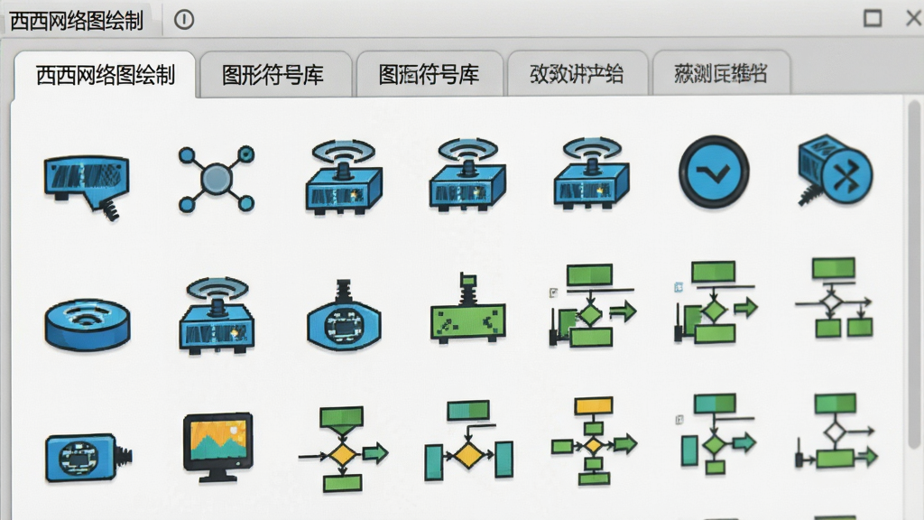 一张展示西西网络图绘制软件图形符号库面板的特写图,画面中整齐排列着各类网络设备图标和流程图符号,分为多个分类标签页,图标色彩鲜明、线条清晰,背景为浅灰色工作区,整体风格简洁专业,画质干净,无多余元素