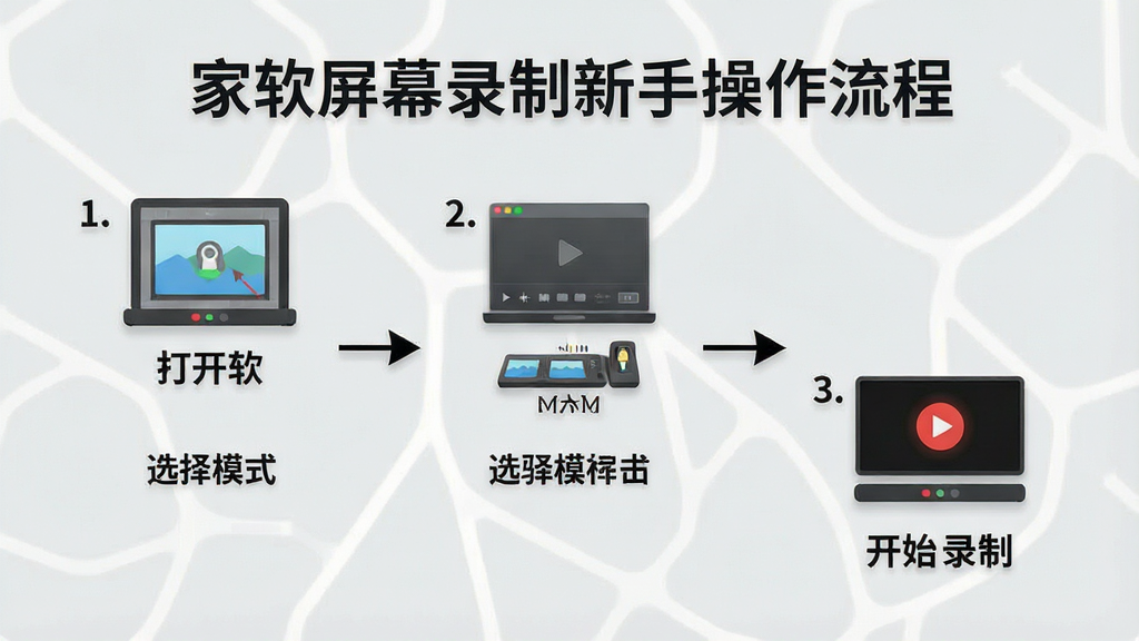 一张展示家软屏幕录制新手操作流程的示意图,画面中用 numbered steps 展示从打开软件到选择模式再到开始录制的完整流程,每个步骤配有简洁图标,背景是浅灰色,风格清晰易懂,画质干净,无多余元素