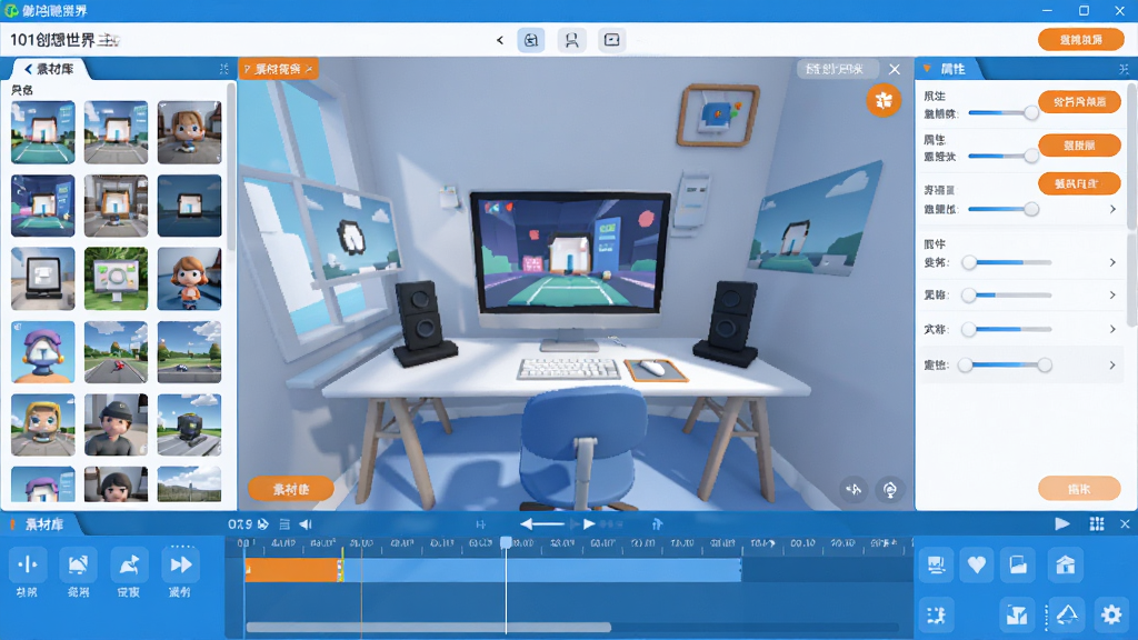 101创想世界软件主界面全景展示,画面中央是3D虚拟创作空间,左侧为素材库面板,右侧为属性调节区,底部是时间轴与工具栏,界面风格清新明快,配色以蓝白为主,点缀橙色按钮,画面干净整洁,无多余元素,高清画质