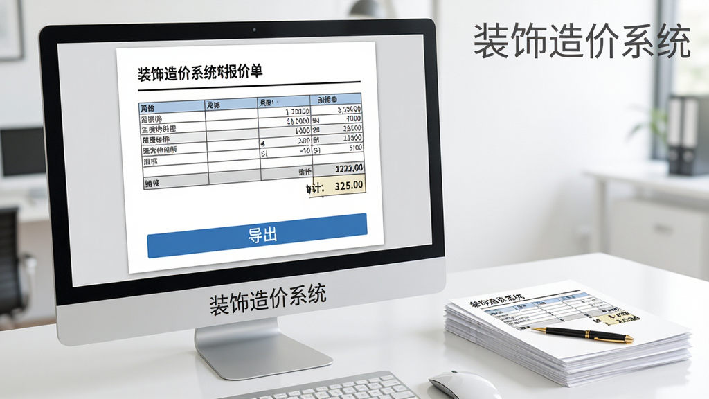 一幅展示装饰造价系统报价单导出功能的图片,画面中电脑屏幕上显示一份格式规范的装修报价单文档,包含表格和合计金额,屏幕下方有导出按钮,桌面旁边放着一叠打印好的报价单和一支签字笔,风格商务简洁,画质高清,无多余元素,图片中可见文字“装饰造价系统”