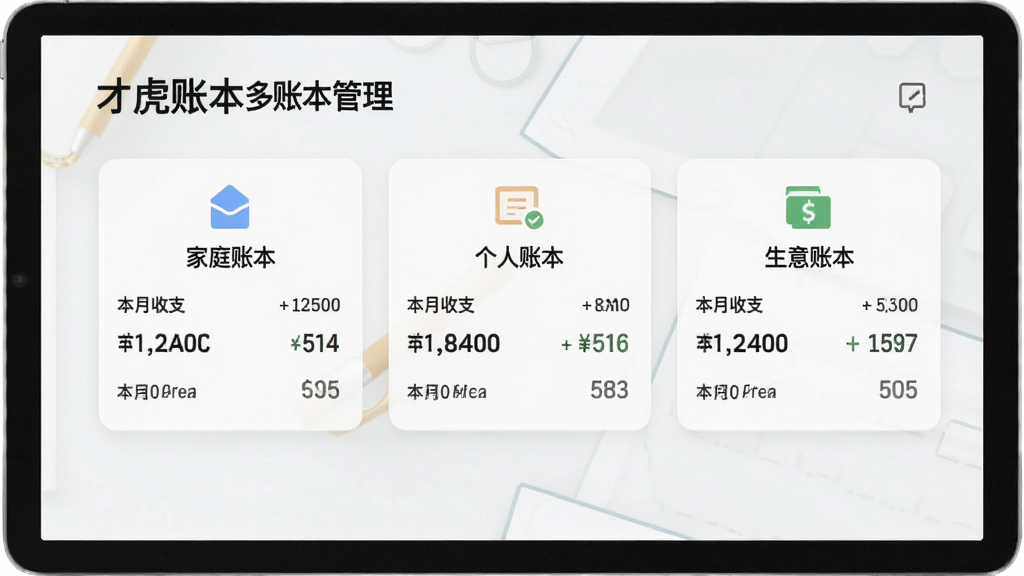 一张才虎账本多账本管理功能的界面截图,画面中展示三个并排的账本卡片,分别标注家庭账本、个人账本、生意账本,每个卡片上有对应的图标与本月收支汇总数字,背景为浅色,风格清新简约,布局整齐,画质清晰,干净,无多余元素