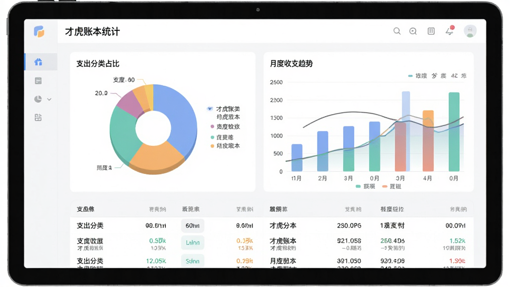才虎账本统计报表界面的图片,画面中央展示一个彩色饼图与一个柱状图,分别表示支出分类占比与月度收支趋势,图表下方有数据明细列表,整体风格为现代数据可视化设计,配色柔和,布局清晰,画质高清,干净,无多余元素
