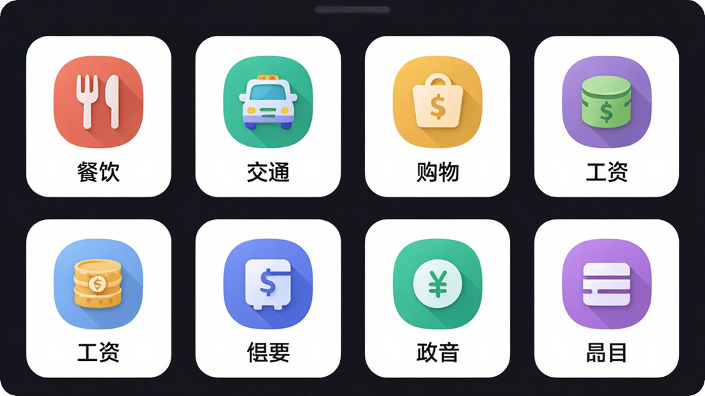 才虎账本收支分类选择界面的图片,画面中显示分类图标网格,包括餐饮、交通、购物、工资等彩色图标,每个图标下方有文字标签,界面风格为圆角卡片式设计,布局为四列网格排列,画质高清,干净,无多余元素