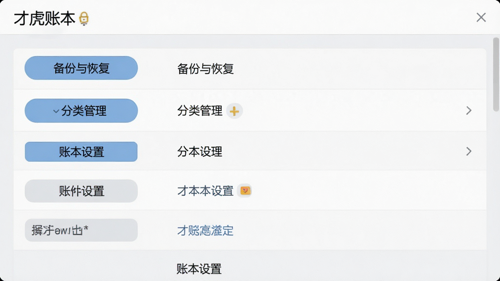 一张展示才虎账本软件设置界面的图片,画面中包含备份与恢复、分类管理、账本设置等选项按钮,界面风格为简洁列表式布局,背景为浅灰色,细节清晰,画质高清,干净,无多余元素