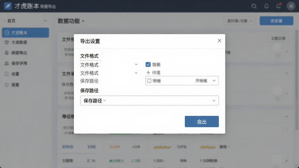 才虎账本数据导出功能界面的图片,画面中显示一个导出设置窗口,包含文件格式选项、保存路径选择与导出按钮,背景为软件主界面,风格简洁商务,布局居中,画质清晰,干净,无多余元素