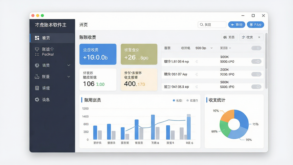 一张展示才虎账本软件主界面的图片,画面中央是软件窗口,左侧为功能导航栏,右侧显示账目列表与收支统计图表,整体布局简洁清晰,风格为现代扁平化设计,细节包括账目分类图标、数字统计卡片、柱状图与饼图,画质高清,干净,无多余元素