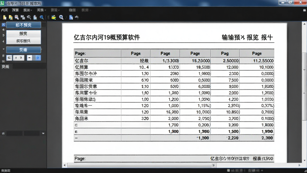 亿吉尔内河19概预算软件报表输出预览界面,画面展示软件生成的概预算报表页面,表格线条清晰,数据排列整齐,风格为文档预览风格,细节包含打印预览按钮、页面缩放控件、报表页眉页脚,画质清晰,干净,无多余元素