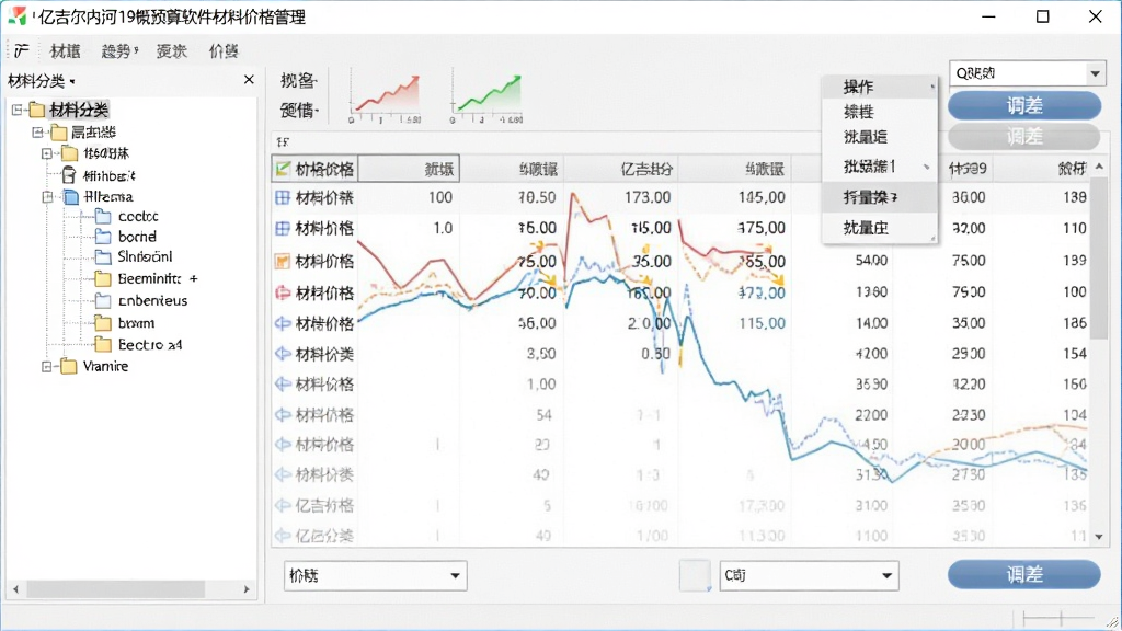 亿吉尔内河19概预算软件材料价格管理界面,画面展示软件窗口内材料价格表格与调差计算面板,左侧为材料分类树,右侧为价格数据列表和调差按钮,风格为软件操作界面,细节包含价格走势小图标、批量操作菜单、数据筛选框,画质清晰,干净,无多余元素