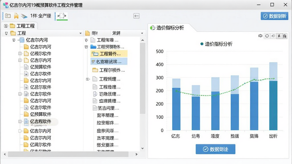 亿吉尔内河19概预算软件工程文件管理界面,画面展示树形结构的工程文件列表与造价指标分析图表,风格为软件数据管理界面,细节包含文件图标、指标柱状图、数据刷新按钮,画质清晰,干净,无多余元素