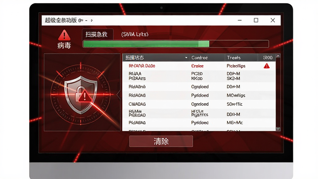 超级急救盘(硬盘版)病毒查杀功能界面,主体为电脑屏幕显示扫描进度与威胁列表,布局为上方扫描状态、中部病毒名称列表、底部清除按钮,排版紧凑,风格为暗红色安全警示风,细节包含盾牌图标、红色警告标记、扫描光线,画质高清,干净,无多余元素