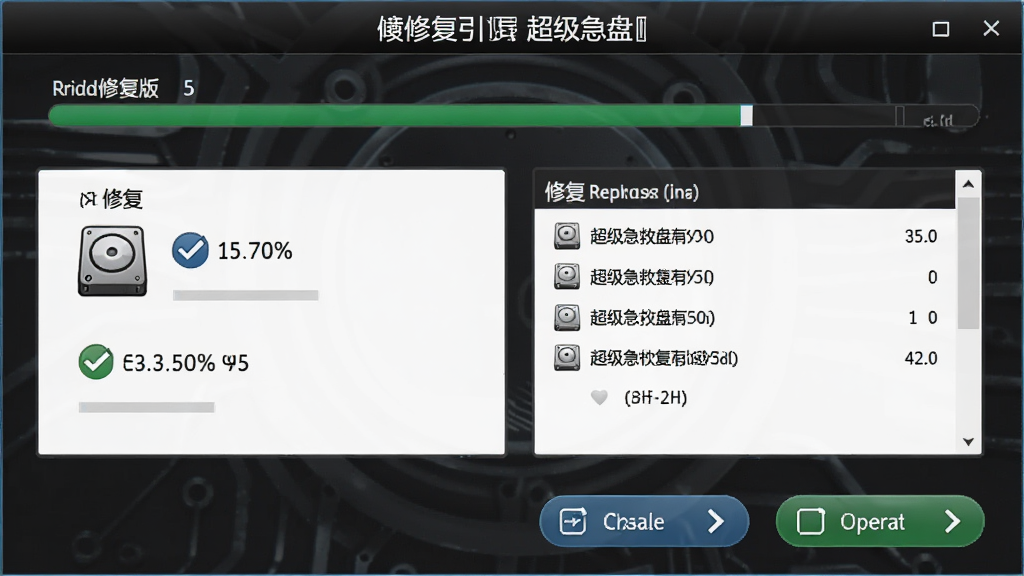 超级急救盘(硬盘版)引导修复功能界面,主体为电脑屏幕上显示引导修复进度条与修复项列表,布局为上方标题栏、中部修复选项、底部操作按钮,排版规整,风格为深色科技风,细节包含硬盘图标、勾选标记、进度百分比,画质高清,干净,无多余元素
