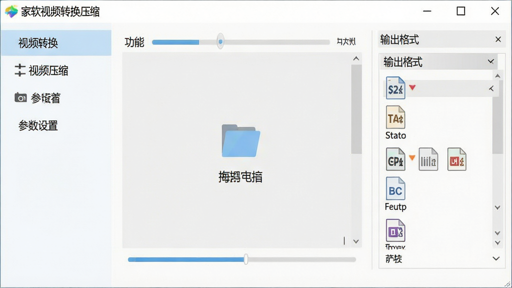 一张软件界面截图风格的图片,画面中央是“家软视频转换压缩”软件的主界面窗口,左侧为功能导航栏包含视频转换、视频压缩、参数设置等选项,右侧为文件拖拽区域和输出格式选择面板,整体布局清晰整洁,采用浅色系UI风格,细节上体现进度条、格式图标等元素,画质清晰干净,无多余装饰元素