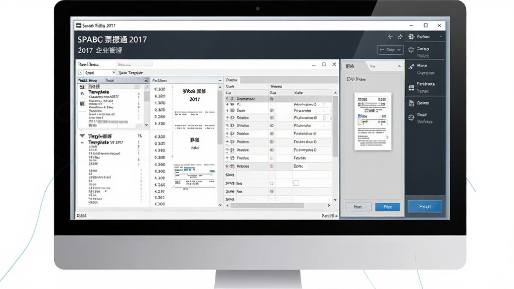 一张展示萨博票据通2017企业版软件界面的图片,主体是电脑屏幕上打开的票据管理软件窗口,布局为居中展示软件主界面,排版包含票据列表、打印预览和功能菜单,风格为现代商务办公风格,细节包含票据模板、数据表格和打印按钮,画质清晰,画面干净,无多余元素