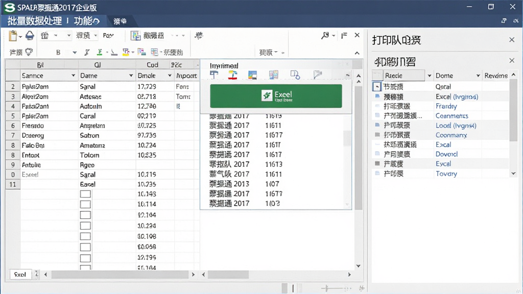 一张展示萨博票据通2017企业版批量数据处理功能的图片,主体是软件中的数据导入界面,布局为左侧数据表格、右侧打印队列,排版清晰直观,风格为高效办公软件风格,细节包含Excel导入按钮和数据预览区域,画质清晰,画面干净,无多余元素