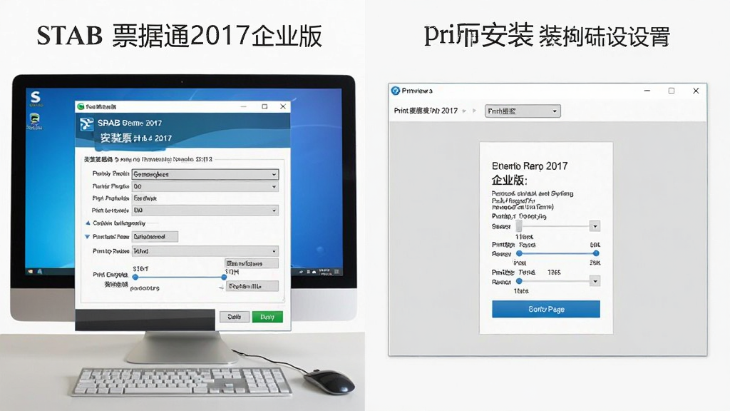 一张展示萨博票据通2017企业版在电脑端安装和打印设置的图片,主体是软件安装向导和打印校准界面,布局为左右分栏展示安装步骤与打印预览,排版清晰明了,风格为教程指导风格,细节包含安装路径选择、打印偏移调整和测试页按钮,画质清晰,画面干净,无多余元素