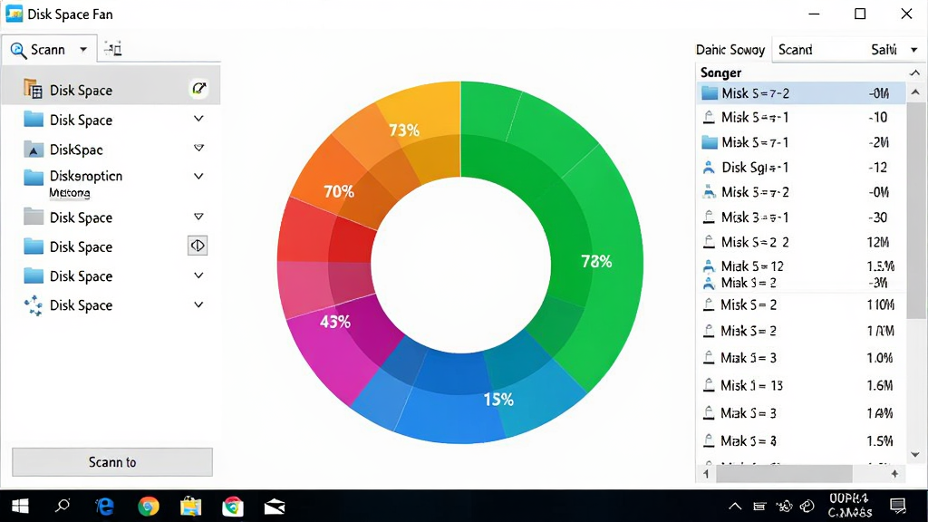 Disk Space Fan 免费版软件主界面截图,画面中央是一个色彩鲜明的扇形圆环磁盘空间分析图,圆环内标注着不同文件夹的占用比例,界面左侧有磁盘列表和扫描按钮,右侧显示文件大小排序列表,整体风格简洁现代,Windows桌面环境,干净整洁,无多余元素,高清画质