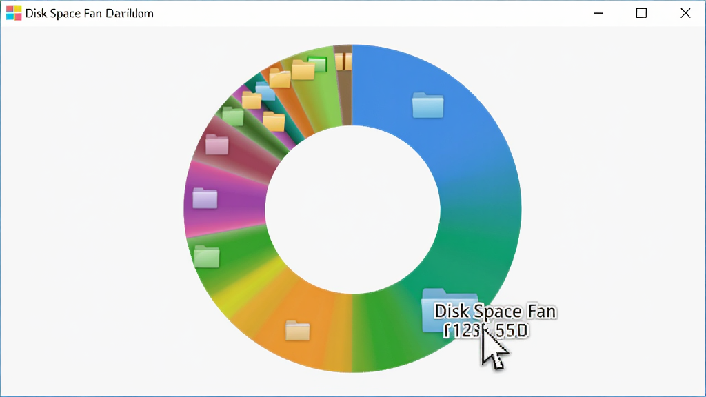 Disk Space Fan 免费版扇形磁盘分析图特写,画面中一个彩色的扇形圆环占据中心位置,每个扇区颜色不同代表不同文件夹,鼠标指针悬停在扇区上显示文件夹名称和大小信息,背景为浅色Windows窗口,整体风格清晰直观,高清画质,干净无多余元素