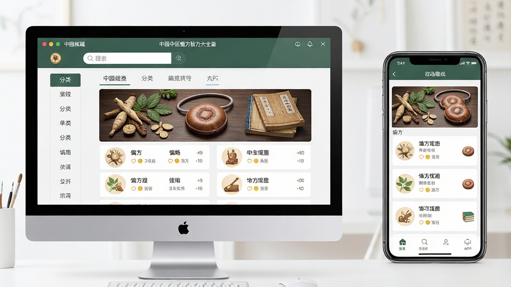 一张展示中国中医偏方秘方大全查询软件界面的图片,主体为电脑屏幕和手机屏幕并排显示软件首页,布局采用左右分栏,左侧为电脑端软件界面展示,右侧为移动端APP界面展示,排版清晰整齐,风格为现代简约科技风,细节包括软件界面上的搜索框、分类导航栏、偏方列表条目以及中医元素图标如草药、脉枕、古籍等,画质高清,干净明亮,无多余元素