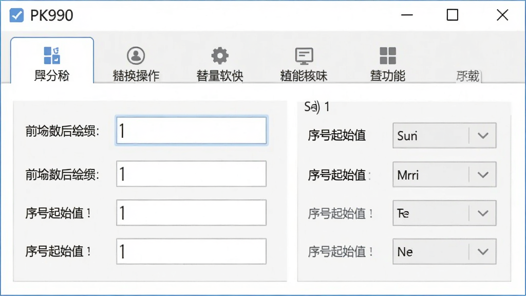 一张PK990文件名批量替换软件功能展示图,主体为软件操作面板,布局上方是功能选项卡,下方是参数设置区域,排版整齐,风格为简约商务风,细节包括前缀后缀输入框和序号起始值设置项,画质清晰,干净,无多余元素