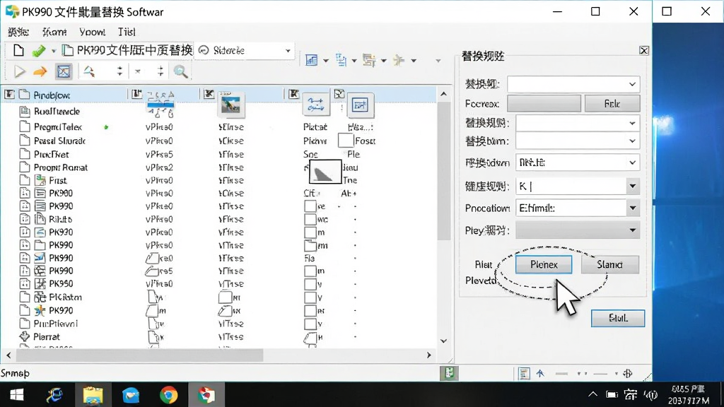 一张展示PK990文件名批量替换软件在Windows电脑上运行的操作截图,主体为软件界面,布局包含文件列表和替换规则设置,排版清晰,风格为写实软件截图风,细节包括鼠标点击预览按钮的动作,画质清晰,干净,无多余元素