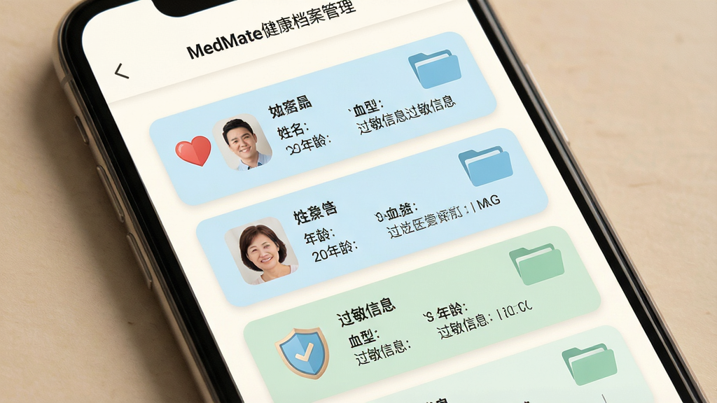 一张展示MedMate健康档案管理界面的图片,主体为手机屏幕,屏幕显示家庭成员列表与每位成员的档案卡片,卡片上标注有姓名、年龄、血型与过敏信息,布局为纵向卡片排列,排版简洁明了,风格为温馨家庭医疗风,细节处有心形图标、盾牌安全图标与文件夹元素,色彩以暖白背景搭配浅蓝和淡绿色,画质清晰,画面干净,无多余元素