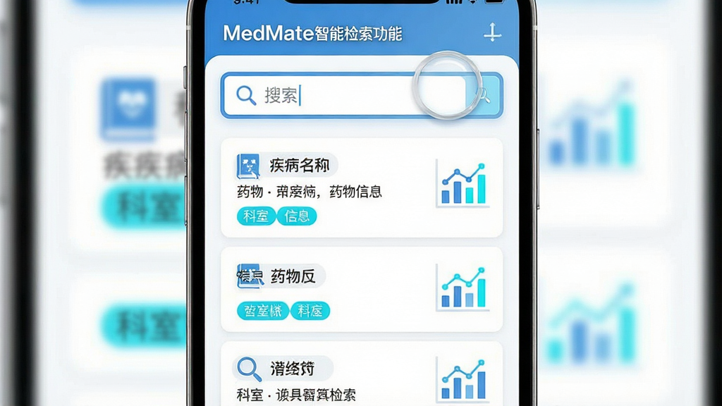一张展示MedMate智能检索功能的界面截图风格图片,主体为手机屏幕特写,屏幕中央显示一个搜索输入框,输入框下方展示多条搜索结果卡片,卡片上标注有疾病名称、药物信息与科室标签,布局为上下排列的卡片列表,排版清晰有层次,风格为清新医疗科技风,细节处有放大镜图标、医学书籍图标与数据图表元素,色彩以白色背景搭配蓝色和青色高亮,画质清晰,画面干净,无多余元素