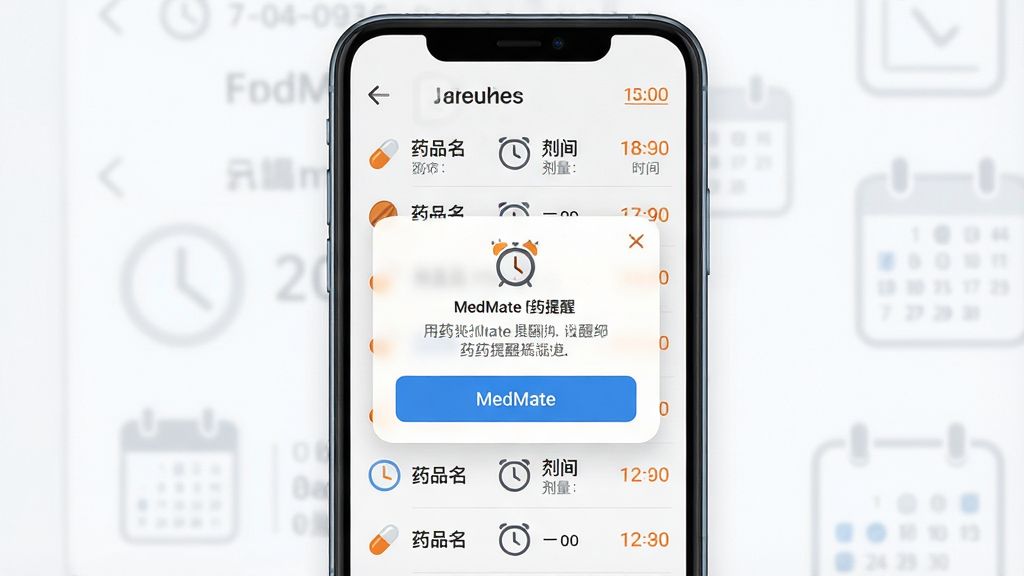 一张展示MedMate用药提醒功能的界面图,主体为手机屏幕,屏幕显示一个闹钟提醒弹窗与背后的用药日程列表,列表中标有药品名称、剂量与时间,布局为弹窗覆盖在列表上方,排版直观醒目,风格为友好提醒风,细节处有药丸图标、时钟图标与日历元素,色彩以白色背景搭配蓝色提醒按钮和橙色时间标注,画质清晰,画面干净,无多余元素