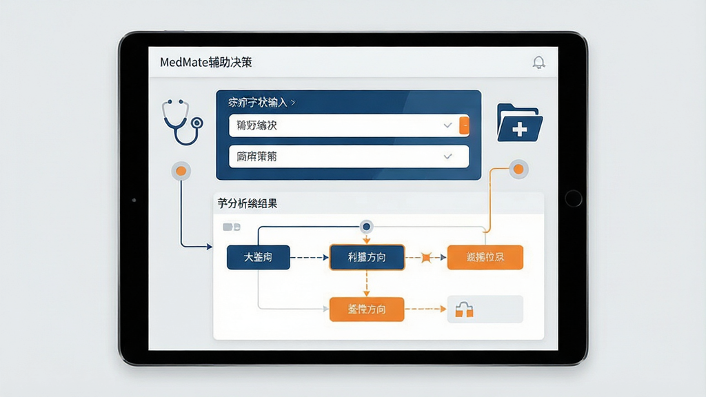 一张展示MedMate辅助决策功能的界面示意图,主体为平板电脑屏幕,屏幕中央显示一个症状输入区域与下方的分析结果列表,结果以流程图形式展示鉴别方向,布局为上下结构,排版逻辑清晰,风格为专业医疗科技风,细节处有听诊器图标、病历夹图标与数据节点连线元素,色彩以浅灰背景搭配深蓝和橙色标注,画质清晰,画面干净,无多余元素