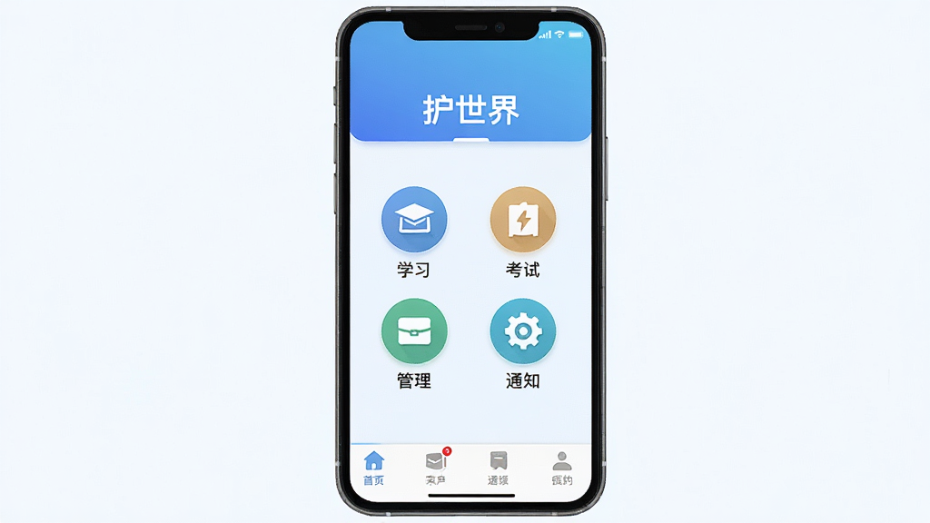 手机屏幕正中央显示“护世界”应用主界面,顶部是蓝色渐变标题栏,中间排列着学习、考试、管理、通知四个圆形功能入口图标,底部为导航菜单,背景是干净的白色与浅蓝配色,整体风格简洁专业,扁平化设计,画质清晰,干净无多余元素