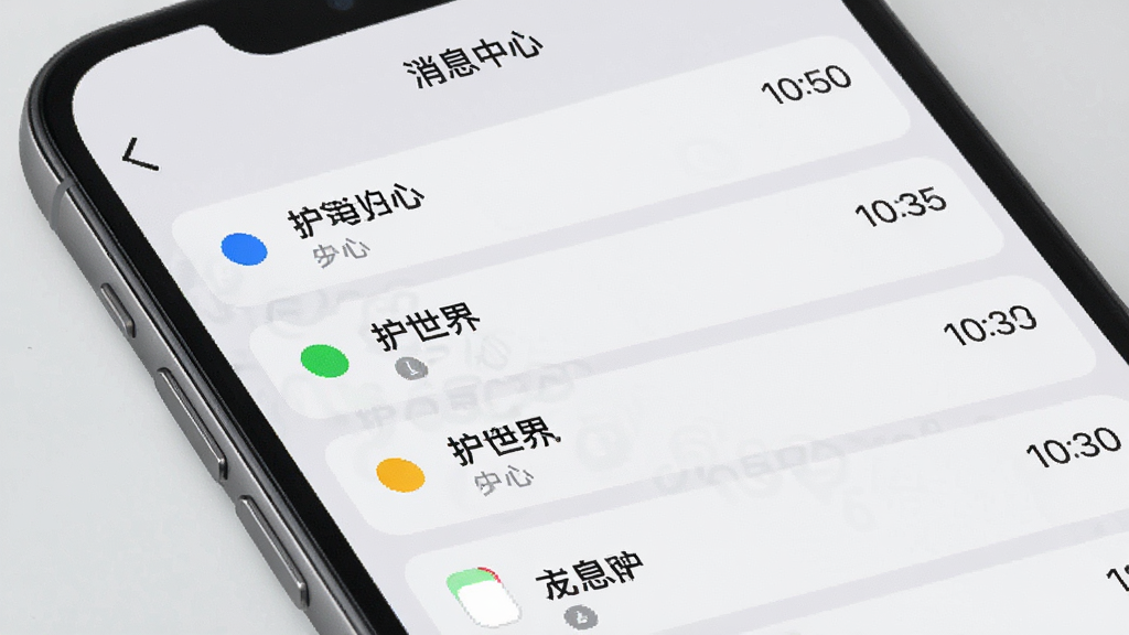手机屏幕显示“护世界”消息通知中心页面,列表中排列着多条通知卡片,每条卡片左侧有不同颜色的圆点标识,右侧显示时间,顶部标题栏写着“消息中心”,背景为浅灰色,整体排版整齐,风格干净利落,画质清晰