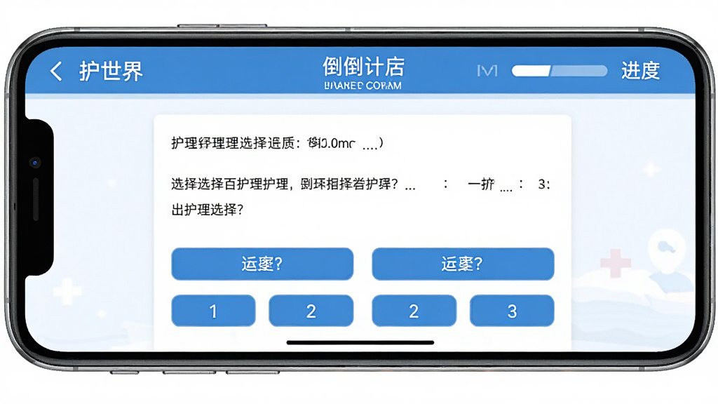 手机横屏显示“护世界”考试界面,屏幕中央是一道护理选择题,下方有四个选项按钮,顶部显示倒计时和进度,整体界面以蓝色和白色为主,风格简洁清晰,无多余装饰,画质干净高清