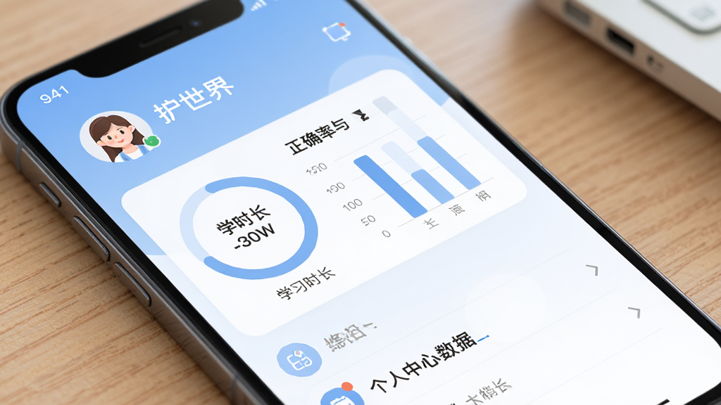 手机屏幕展示“护世界”个人中心数据统计页面,上方是用户头像和昵称,中间有环形进度图和柱状图展示学习时长与正确率,下方是功能菜单列表,整体配色柔和,蓝白相间,风格清新,画质高清,布局干净