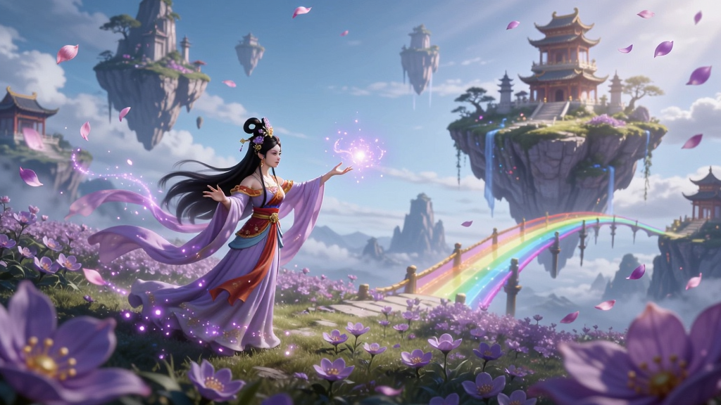 画面描绘西游女儿国紫霞灵境场景,主体为紫霞仙子在紫色花海中施展仙法,背景是悬浮的灵境岛屿与彩虹桥,布局为远景全景构图,风格为梦幻唯美仙侠风格,细节包括紫色灵光粒子与飞舞的花瓣,画质高清干净无多余元素