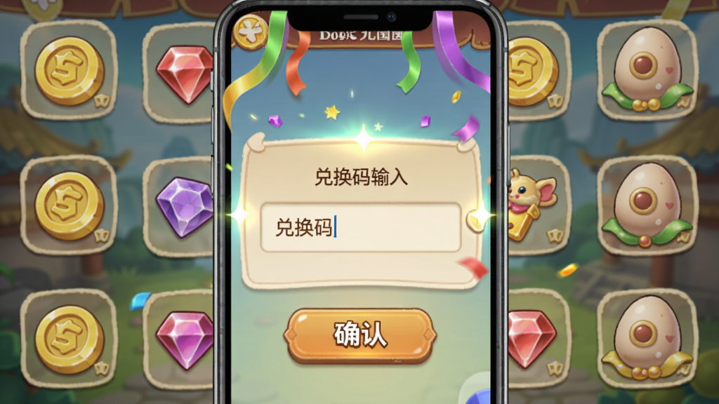 画面展示西游女儿国游戏内礼包兑换界面,主体为手机屏幕中央的兑换码输入框与确认按钮,周围环绕着金币、宝石、宠物蛋等奖励图标,布局为竖版手机界面截图风格,风格为Q版卡通UI设计,细节包括输入框高亮光效与飘落的彩带装饰,画质清晰干净无多余元素