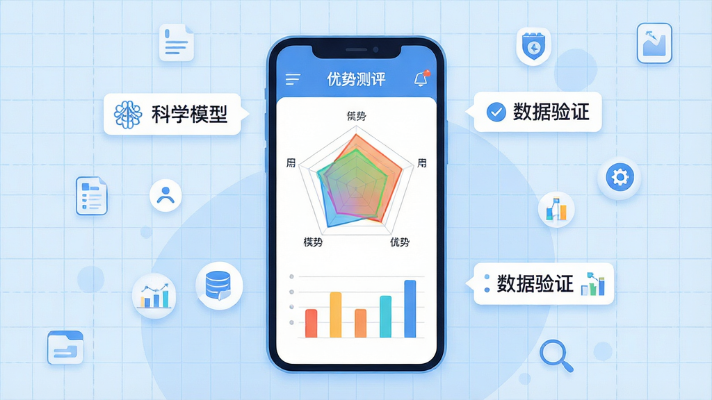 一幅以“优势测评”应用界面为核心的扁平化插画,画面主体是一部智能手机,屏幕中显示彩色的优势雷达图和柱状分析图表,手机旁边漂浮着“科学模型”、“数据验证”等字样标签,背景为浅蓝色网格纹理,布局为手机居中、元素环绕,风格为现代科技风,细节包括简洁的图标和流畅的线条,画质高清,干净无多余元素。
