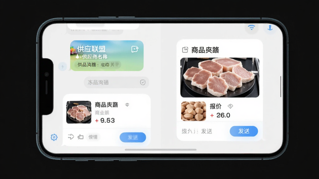 冻品联盟供应商沟通界面示意图,画面主体为手机聊天窗口与商品卡片,布局为左右对话气泡排版,风格为清爽浅色系UI,细节包括供应商名称、商品缩略图、报价数字、发送按钮,画质干净无多余元素