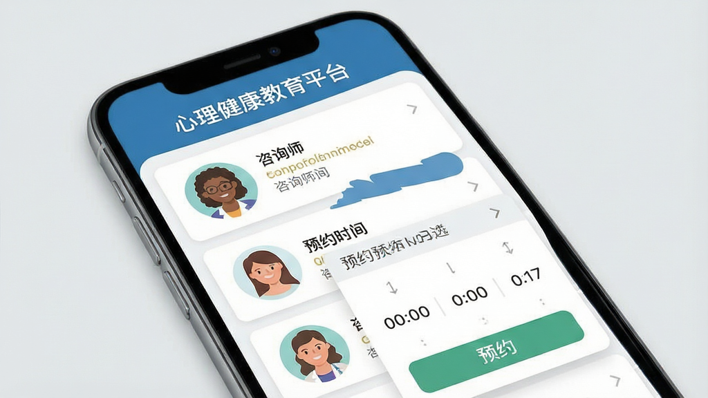 一张展示心理健康教育平台咨询预约功能的界面图,画面主体为手机屏幕显示咨询师列表与预约时间选择页面,屏幕上方显示心理健康教育平台名称,布局采用上下结构排版,风格为清爽的扁平化设计风,细节上咨询师头像、预约按钮、时间选择器清晰可见,背景为浅灰色,画质高清,干净整洁,无多余元素
