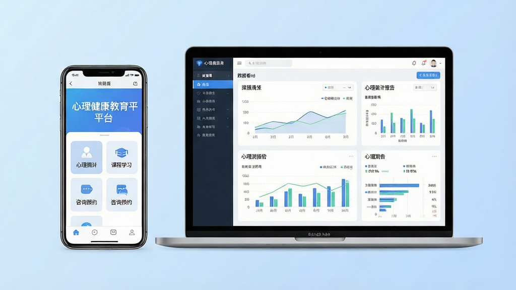 一张展示心理健康教育平台核心界面的预览图,画面主体为一部智能手机与一台笔记本电脑并排摆放,手机屏幕显示心理健康教育平台首页,包含心理测评、课程学习、咨询预约等功能入口,电脑屏幕显示平台数据看板与心理测评报告图表,布局采用居中对称排版,风格为清新简约的科技风,细节上手机与电脑屏幕内容清晰可辨,背景为柔和的浅蓝渐变色调,画质高清,干净整洁,无多余元素