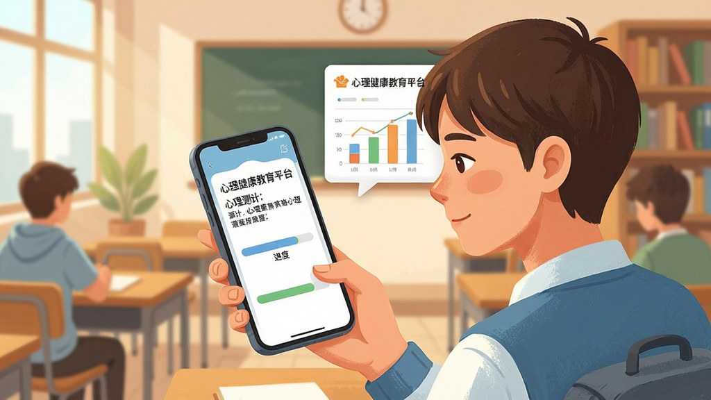 一张展示心理健康教育平台心理测评功能的场景图,画面主体为一位学生正在使用手机进行心理测评,手机屏幕显示测评题目与进度条,旁边浮动着测评报告图表与心理健康教育平台的名称标识,布局采用左右分栏排版,风格为温馨治愈的插画风,细节上学生表情专注放松,背景为教室或图书馆环境,画质高清,干净整洁,无多余元素