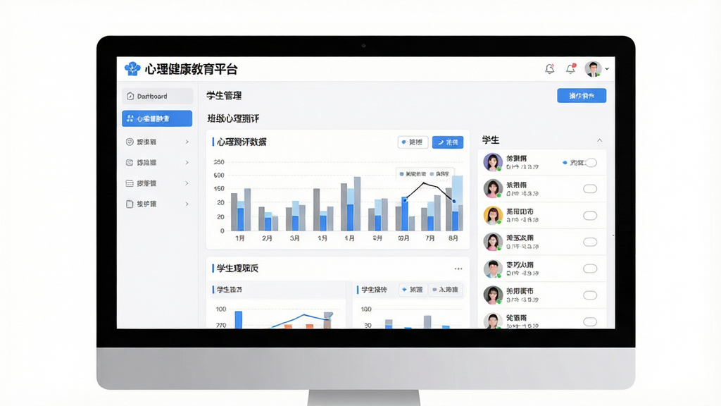 一张展示心理健康教育平台电脑端后台管理界面的预览图,画面主体为电脑屏幕显示班级心理测评数据统计图表与学生列表,屏幕上方有心理健康教育平台名称标识,布局采用左右分栏排版,风格为简洁的商务科技风,细节上数据图表、学生头像、操作按钮清晰可见,背景为纯白色,画质高清,干净整洁,无多余元素